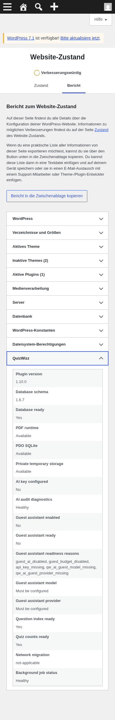 Site Health Info tab, mobile full page, QuizWizz table expanded/stacked