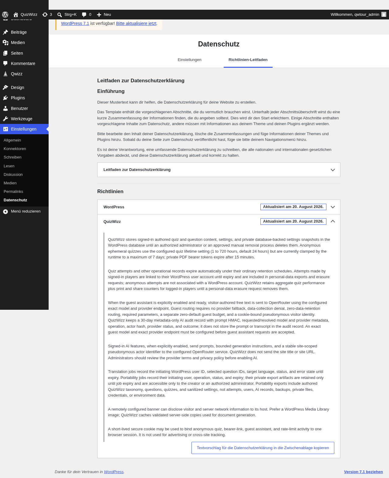 Privacy Policy Guide, QuizWizz section expanded with full disclosure text
