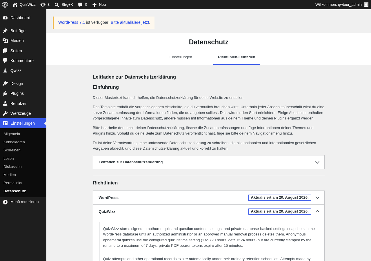 Privacy Policy Guide fold, QuizWizz policy text expanded