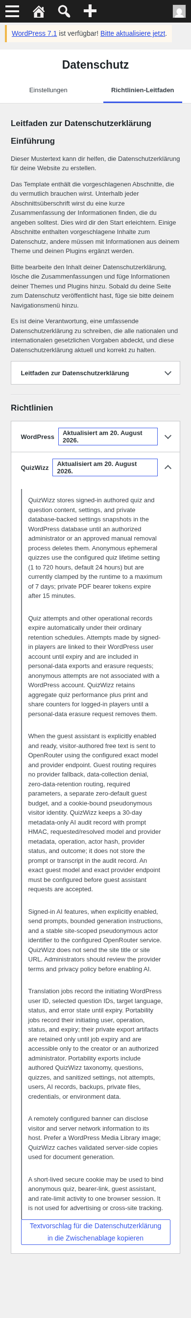 Privacy Guide mobile full: Datenschutz tabs, WordPress+QuizWizz policy accordions expanded