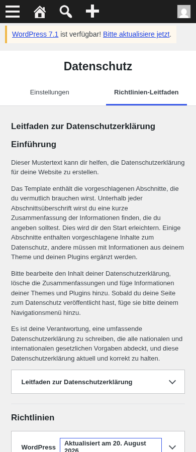 Privacy Guide mobile fold: Datenschutz heading, tabs, intro copy, template link
