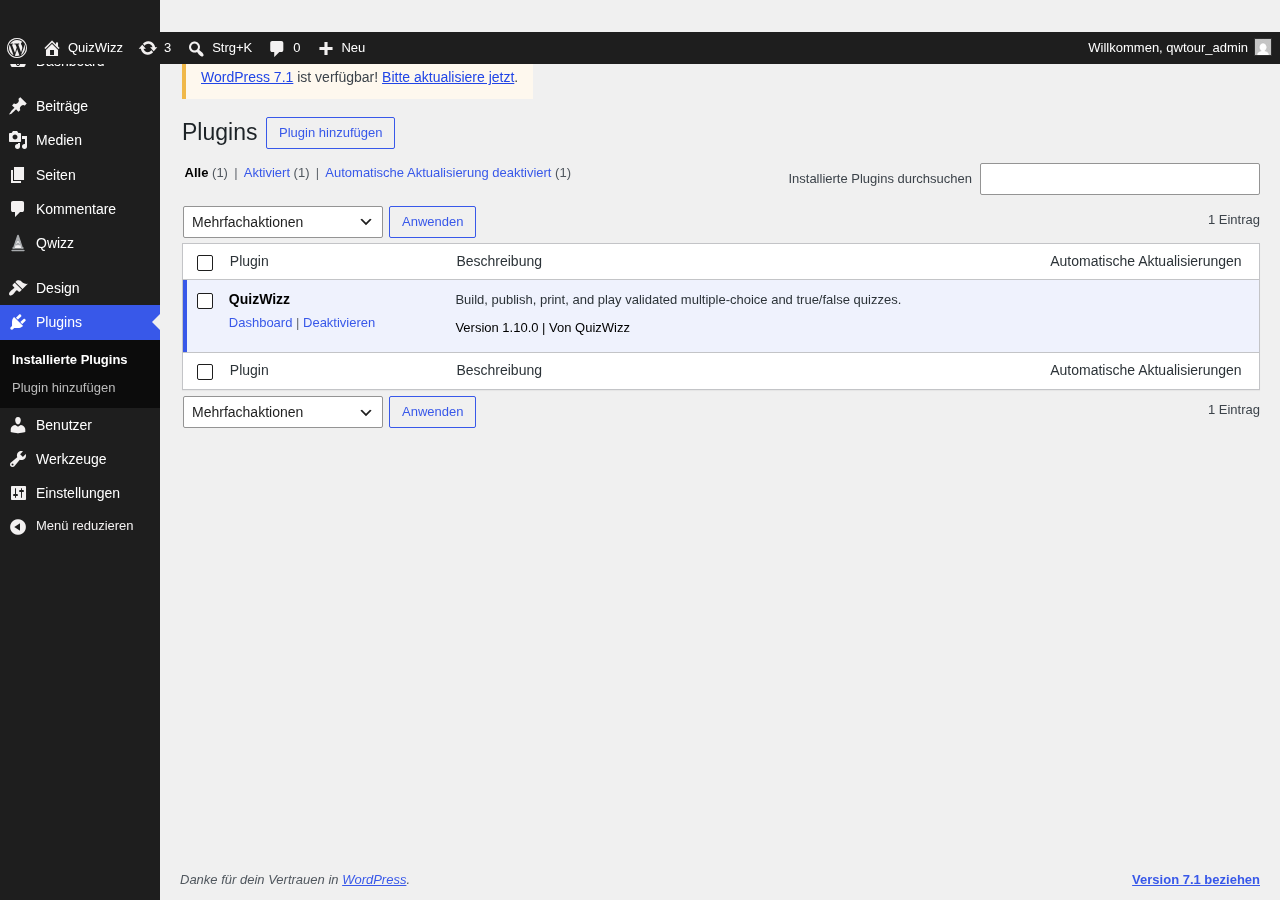 wp-admin Plugins list desktop: QuizWizz row v1.10.0 with Dashboard/Deaktivieren links