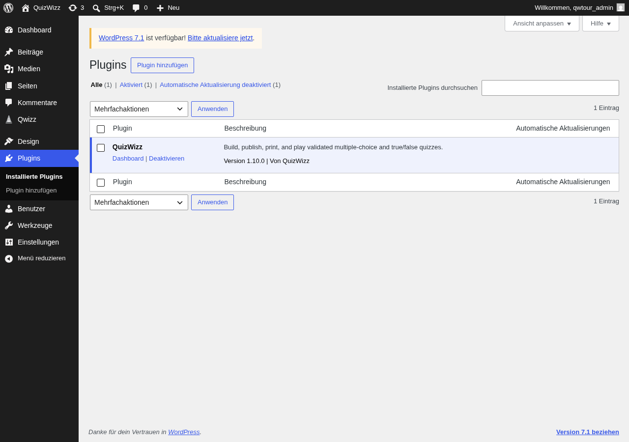 Plugins list desktop fold: toolbar filters, QuizWizz row highlighted, empty row below