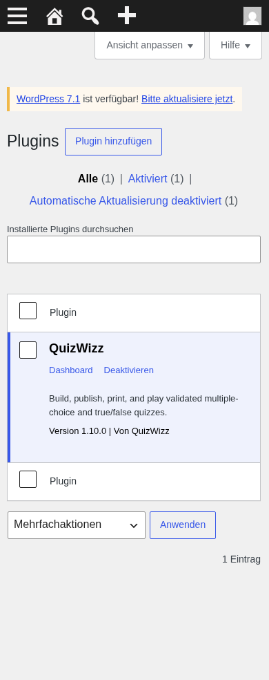 Plugins list mobile full: Ansicht anpassen/Hilfe, QuizWizz card, bulk-action dropdown