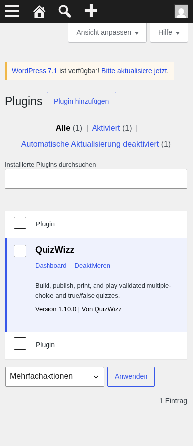 Plugins list mobile fold: QuizWizz card and empty second entry below it