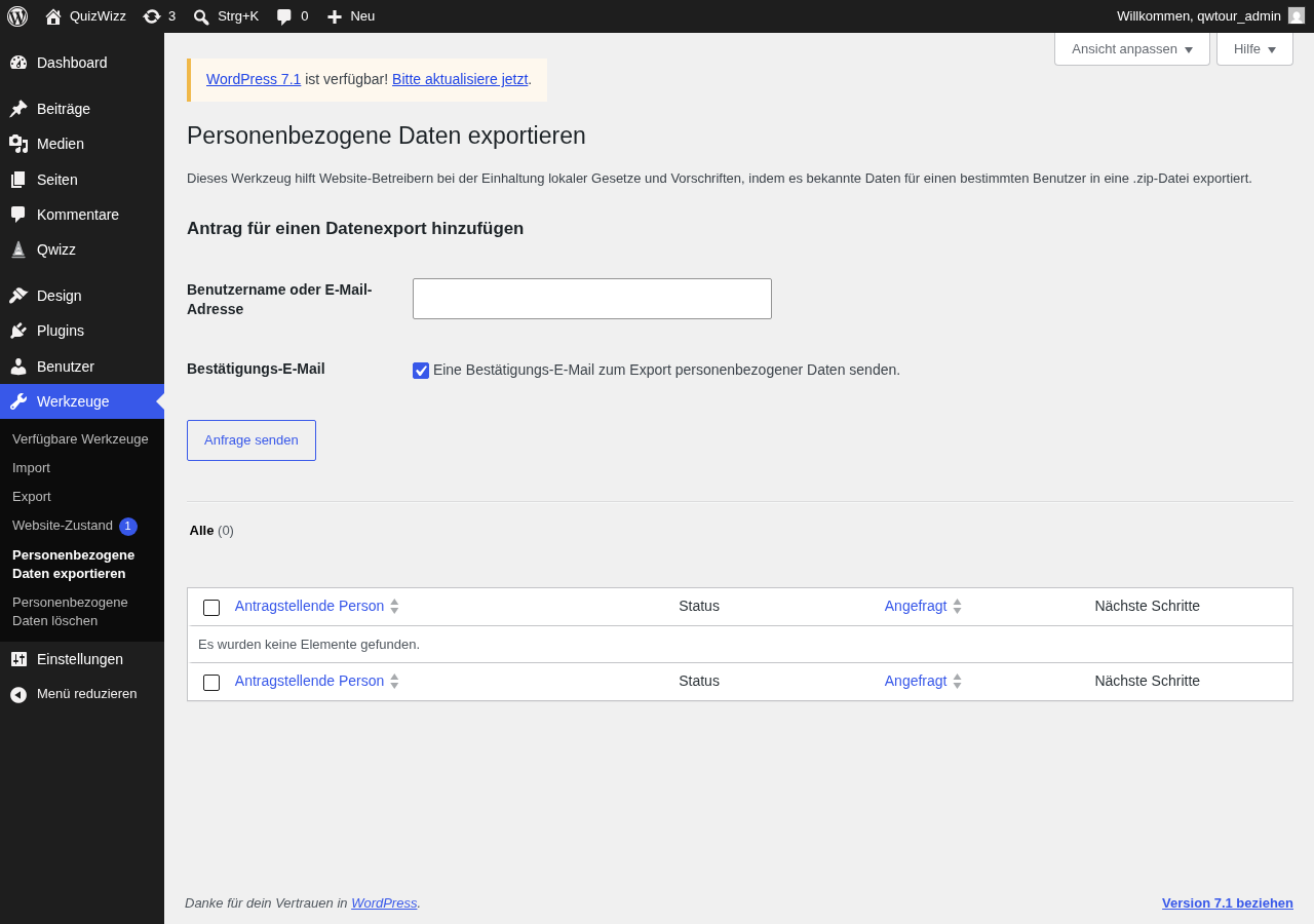 Personal data exporter page: request form, empty requests table