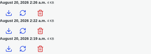 Protected backups card: 3 timestamped snapshots each with download/restore/delete icons