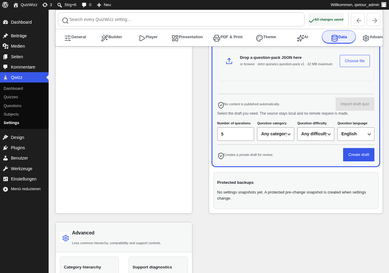 Settings Data tab: import dropzone, disabled import btn, empty backups card