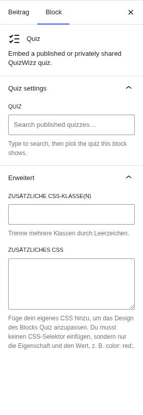 Quiz block inspector: quiz search field plus Erweitert CSS class/CSS fields
