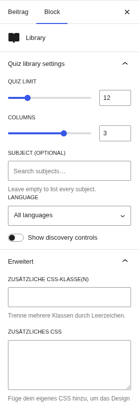 Library block inspector: quiz limit, columns, subject search, language, toggle