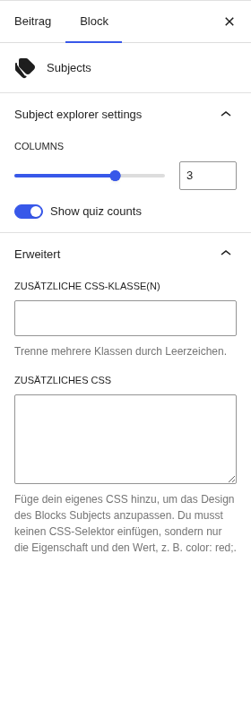 Subjects block inspector: columns slider, show-counts toggle, Erweitert CSS