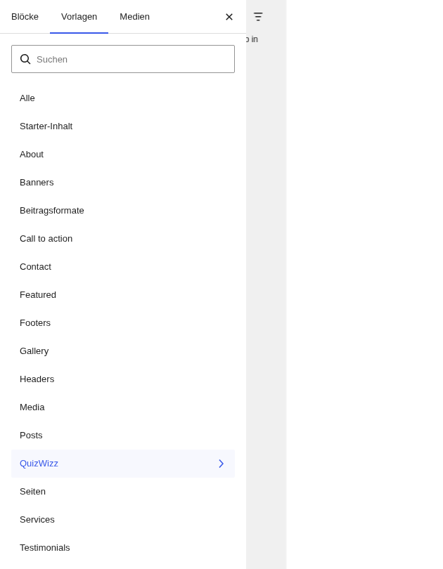 Inserter Patterns sidebar listing categories incl. QuizWizz among Blöcke/Vorlagen/Medien