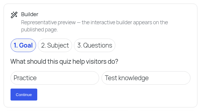 Craft block canvas: Builder preview card with Goal/Subject/Questions steps