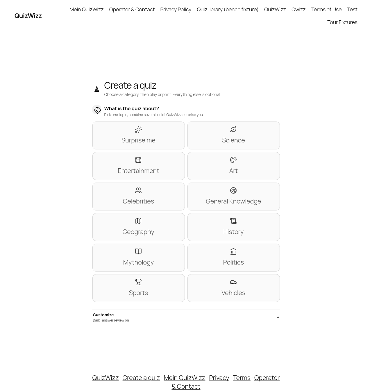 Builder full page: nav, 12-topic category grid, Customize summary row.
