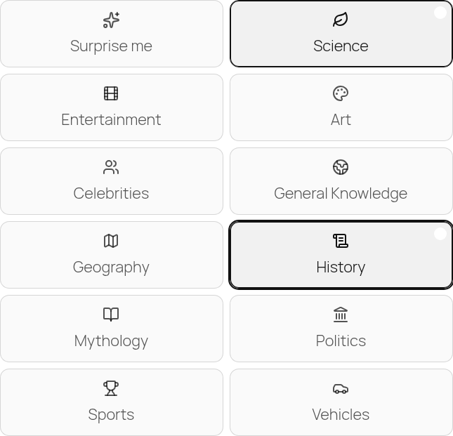 Category grid, two categories (Science + History) selected.