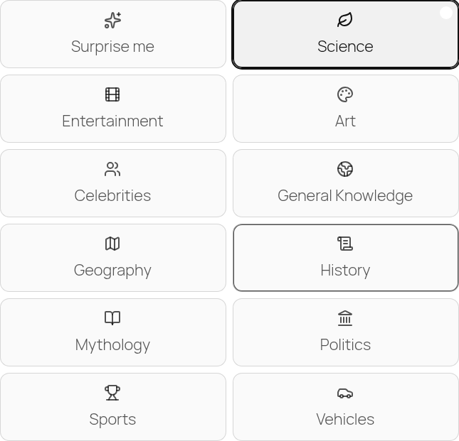 Category grid, one category (Science) selected with checkmark badge.