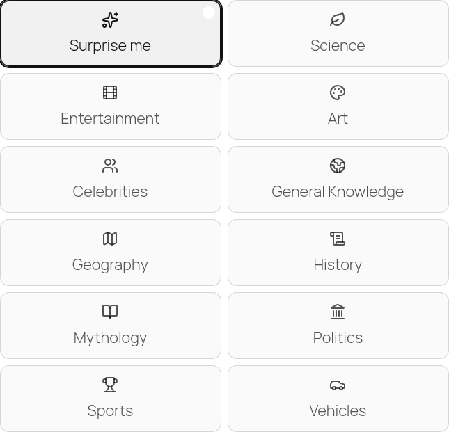 Category grid with 'Surprise me' tile selected, others unselected.