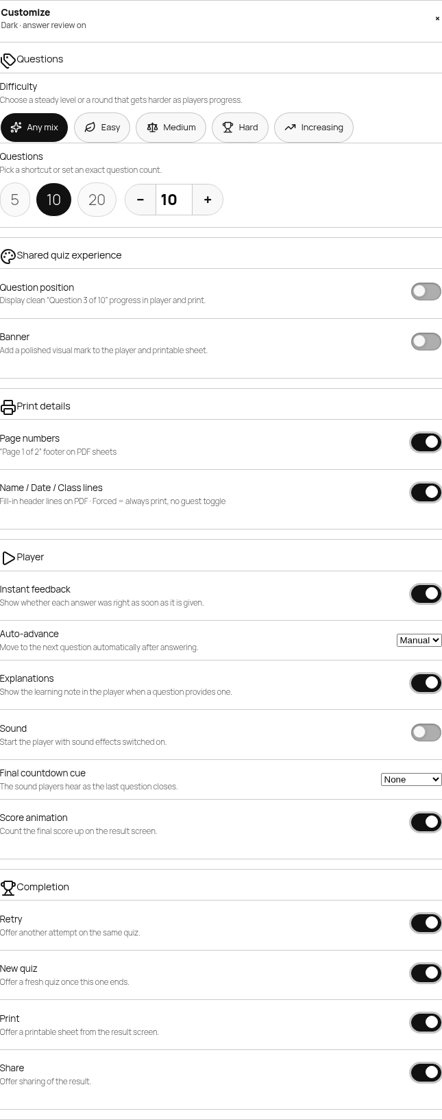 Expanded Customize panel: Difficulty, Questions, Shared exp, Print, Player, Completion