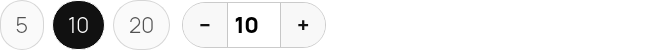 Question count control: 5/10/20 shortcuts plus −/10/+ stepper, 10 selected — same element as g19-d-p01-size-row (deliberate re-reference).