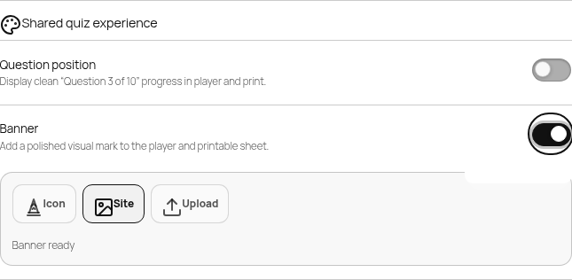 Shared exp group: Banner on, revealing Icon/Site/Upload picker, 'Banner ready'