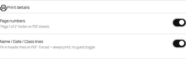 Print details: Page numbers ON, Name/Date/Class lines ON (forced)