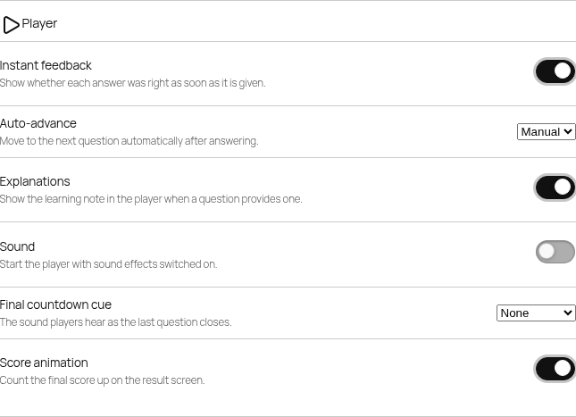 Player options: Instant feedback ON, Auto-advance Manual, Sound OFF, Score anim ON