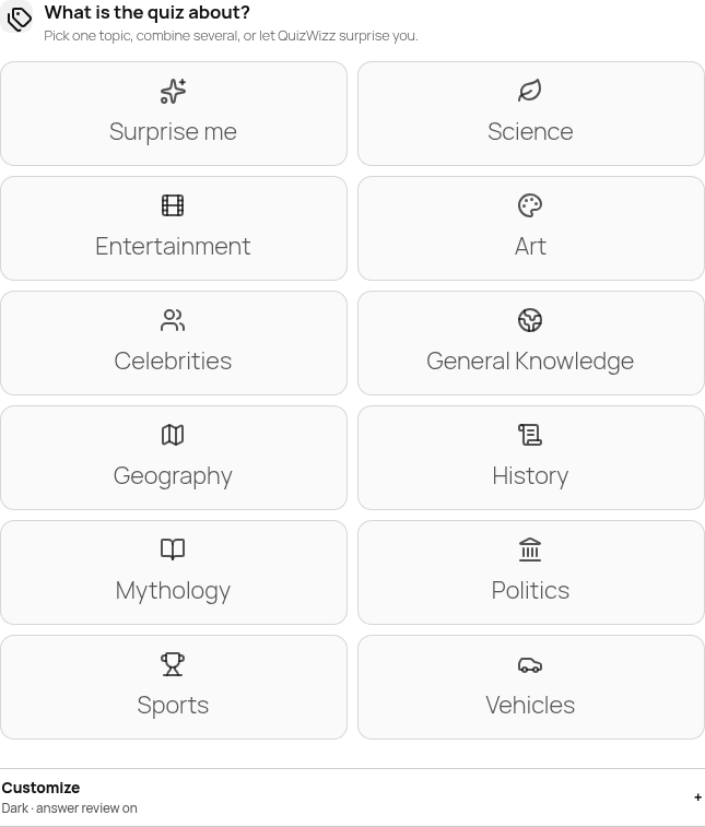 Category grid pre-selection: 10 topic cards + Customize accordion