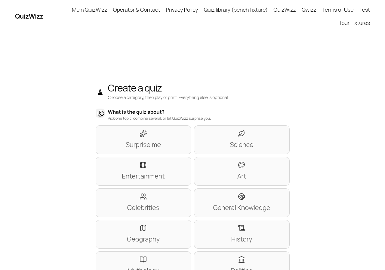 Builder page desktop fold: nav, 'Create a quiz' hero, 10 category cards