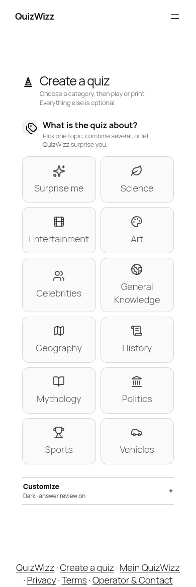 Mobile builder full page: category grid, Customize row, footer links