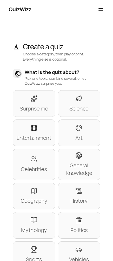 Mobile builder fold: header, intro copy, category tiles down to Art/Celebrities