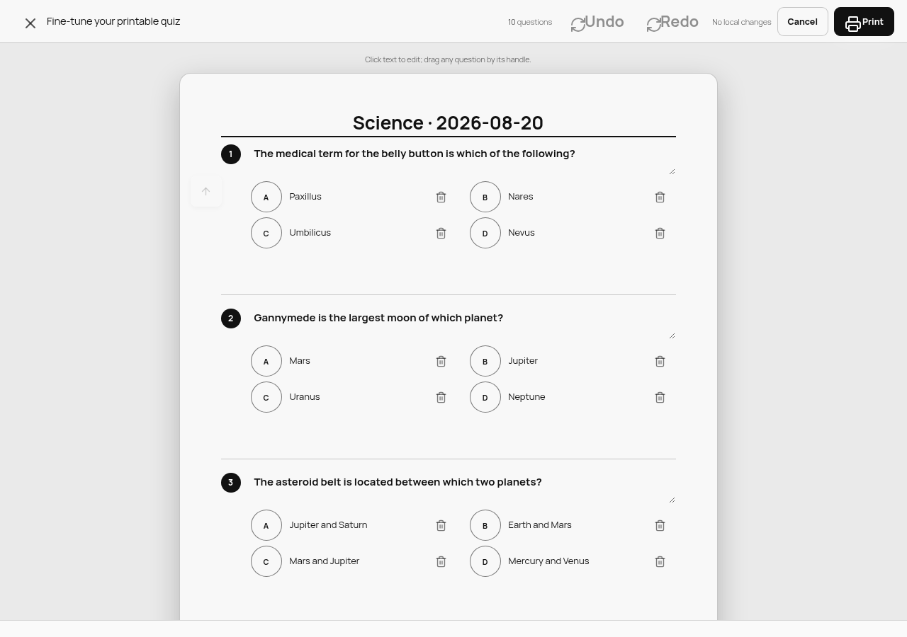 Fine-tune modal: toolbar (Undo/Redo/Cancel/Print) over editable Science quiz sheet