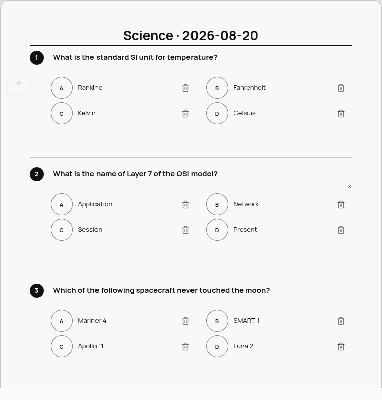 Print paper preview: 'Science · 2026-08-20' with 3 numbered questions and answer choices.