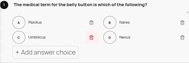 Question row hover state: delete icon highlighted red, Add answer choice button visible