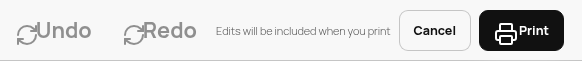 Modal toolbar clean state: Undo/Redo greyed, 'No local changes', Cancel/Print buttons