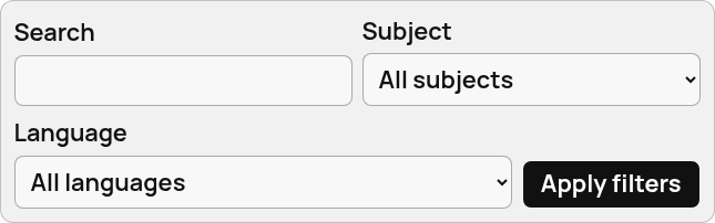 Library toolbar: Search field, Subject dropdown, Language dropdown, Apply filters button