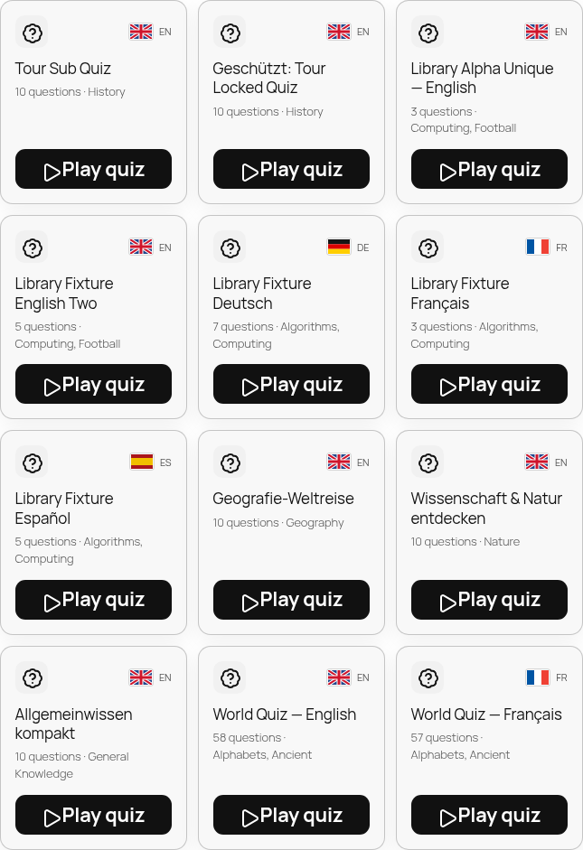 Library grid: 12 quiz cards with flag, title, question count, subject, Play quiz