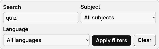 Library filter toolbar: Search='quiz', Subject/Language dropdowns, Apply/Clear