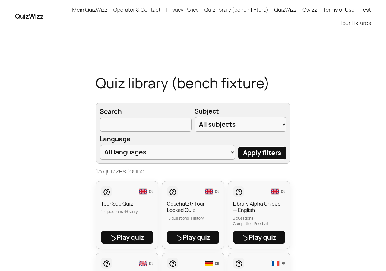 Library fixture desktop fold: nav, heading, filters, '15 quizzes found', card row 1