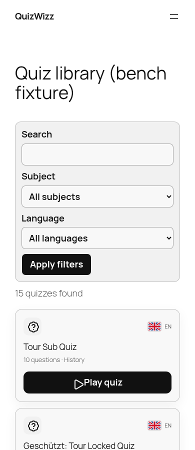 Library fixture mobile fold: heading, filter form, '15 quizzes found', first card