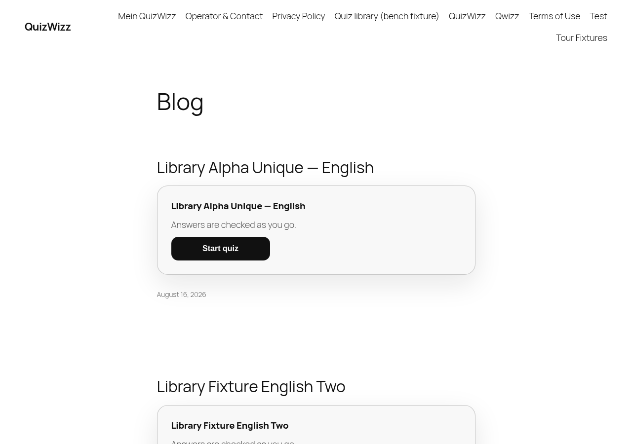Quiz archive fold: nav bar plus 'Blog' heading over first quiz teaser card