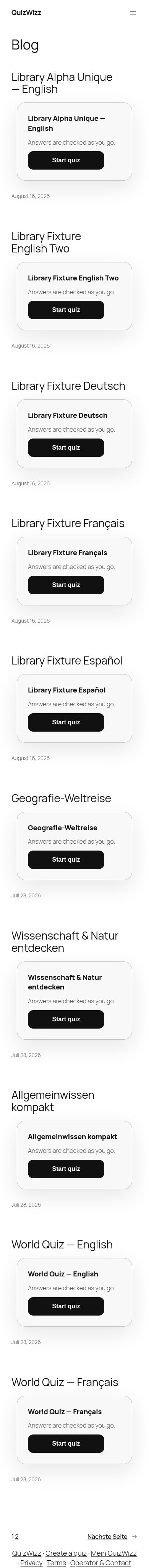 Mobile Blog archive: full list of quiz cards with title, blurb, Start quiz button