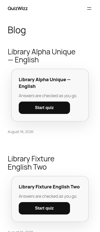 Mobile Blog archive fold: header, 'Blog' heading, first two quiz cards
