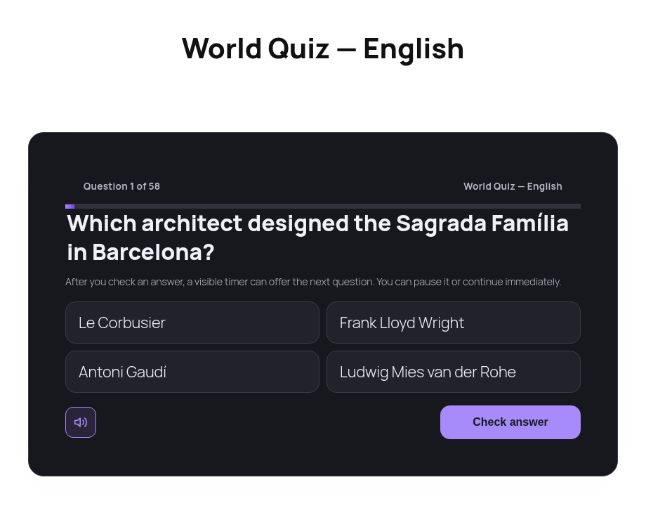 Full single-quiz shell: title plus player card with Q1 of 58 and answer options.