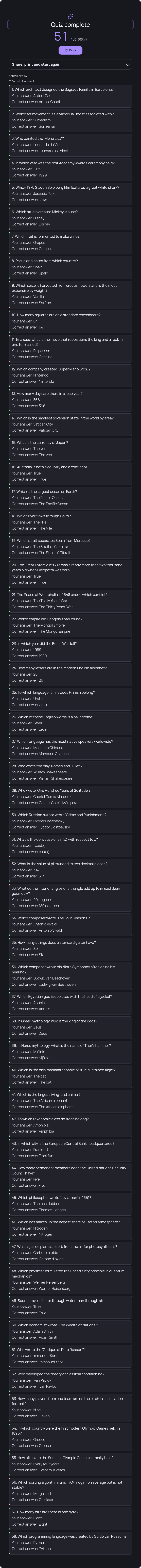 Result crop captured the full 58-question review list, not the summary card.