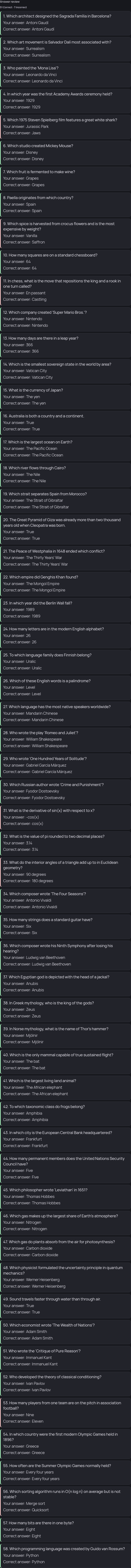 Full post-quiz review list: 58 Q&A rows with user answer vs. correct answer.