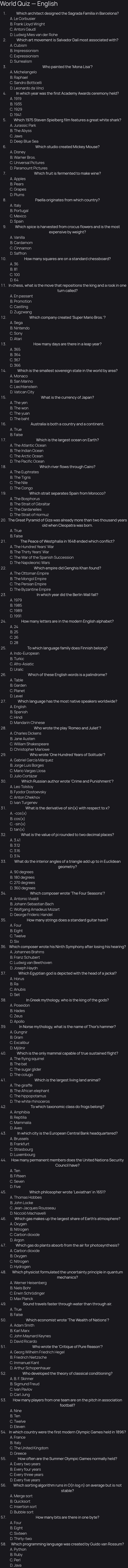 Print-ready 58-question answer sheet for World Quiz — English, full question list