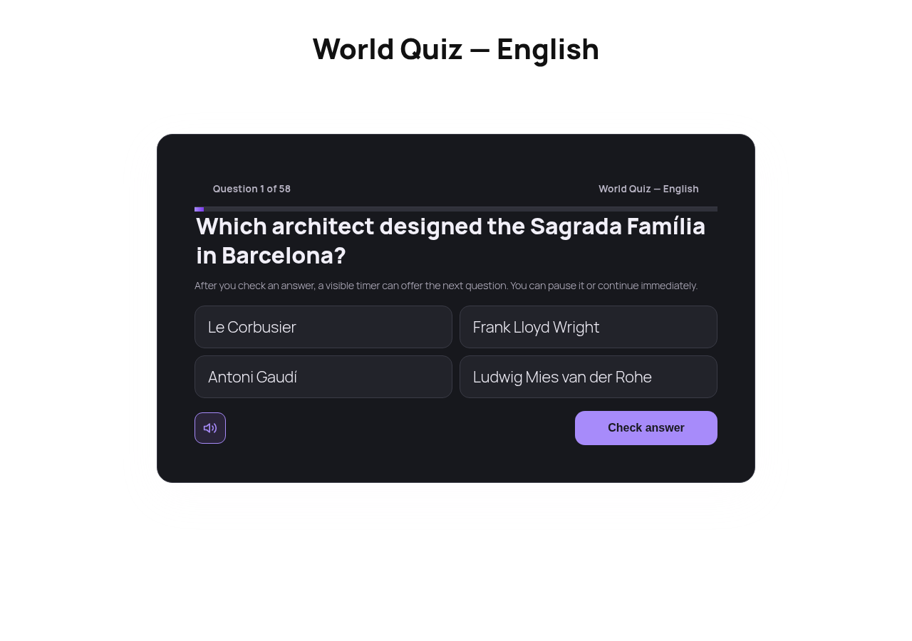 Desktop player fold: Q1/58 with 4 answer options, sound toggle, Check answer button