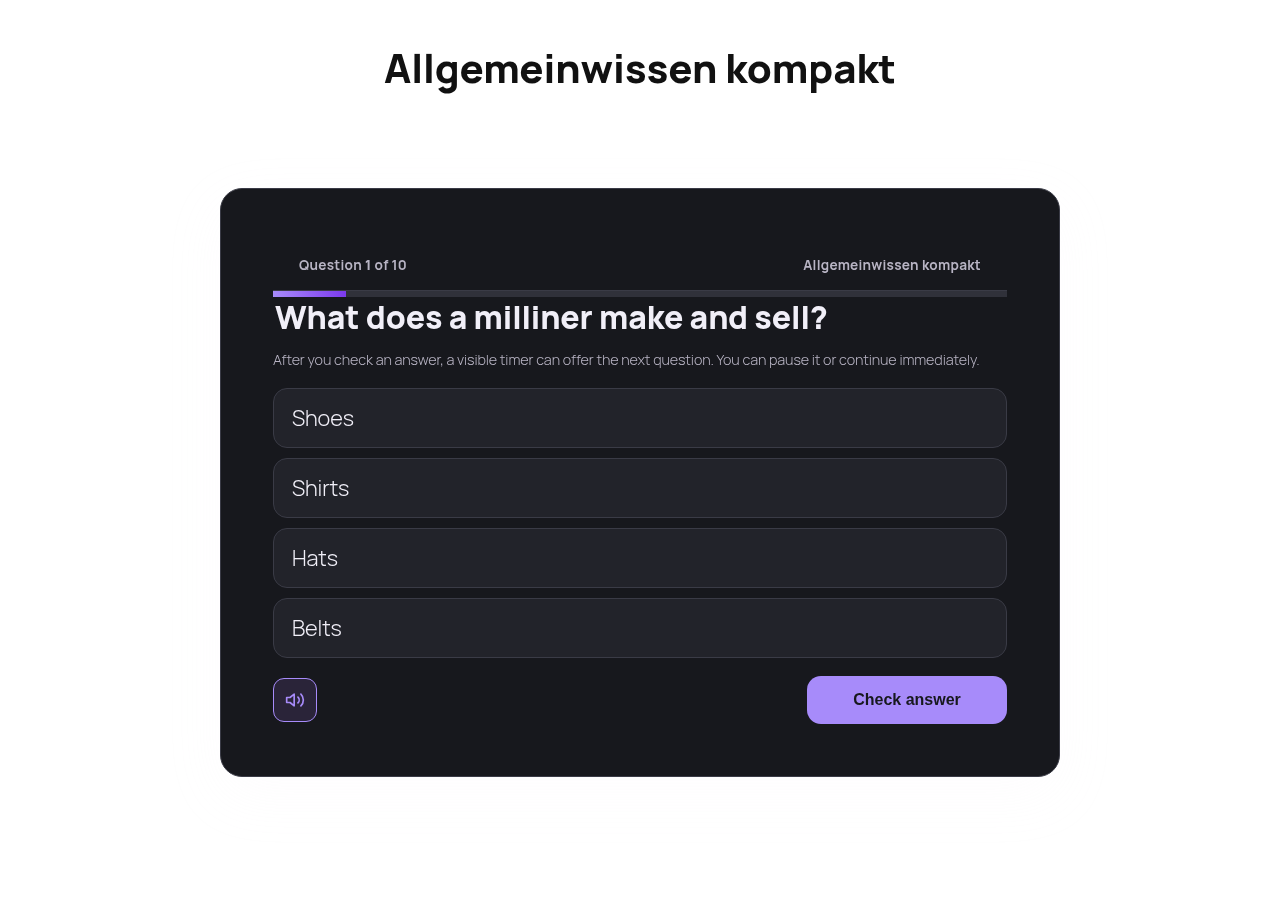 Desktop fold of Allgemeinwissen kompakt Q1/10, sound icon + Check answer