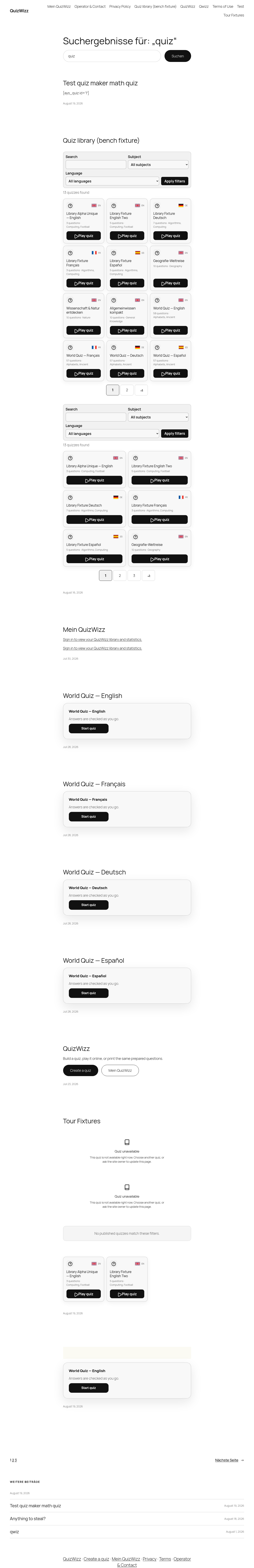 Search results for 'quiz' full page: post match, library widget (x2), quiz cards, sidebar