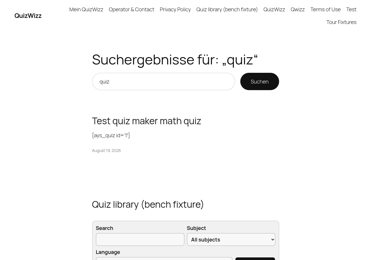 Search results fold: 'Suchergebnisse für: quiz' heading, search box, first matched post
